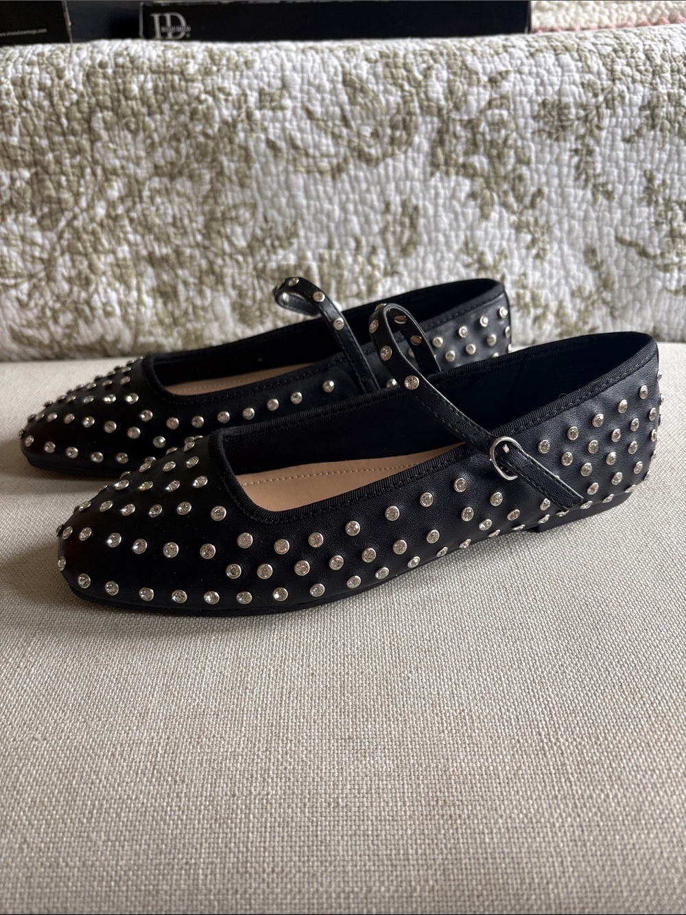 Studded Black Mary Jane Flats with Ankle Strap